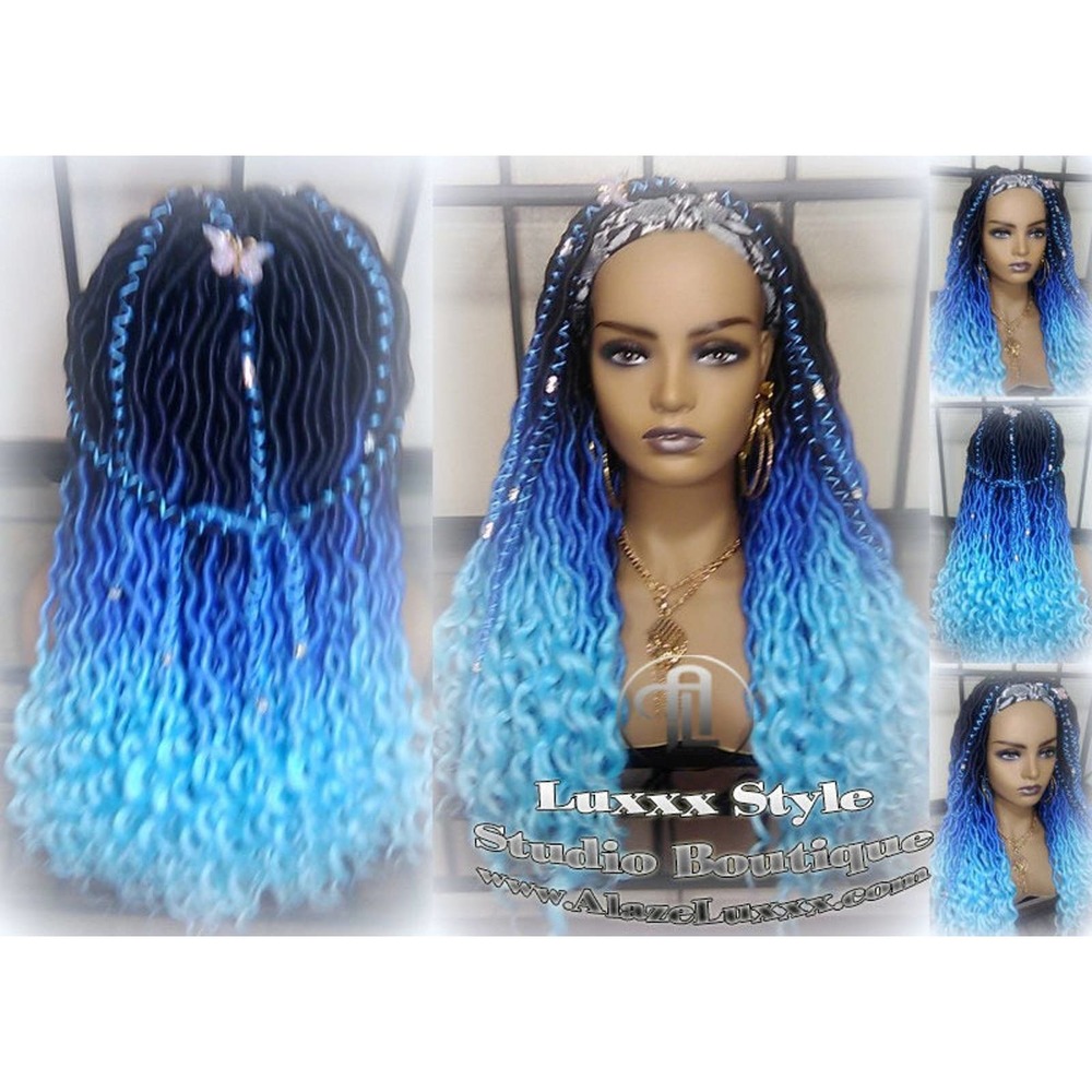 Headband Wig Blue Ombre Gradient Goddess Faux Locs Mermaid summer Blue Rainbow